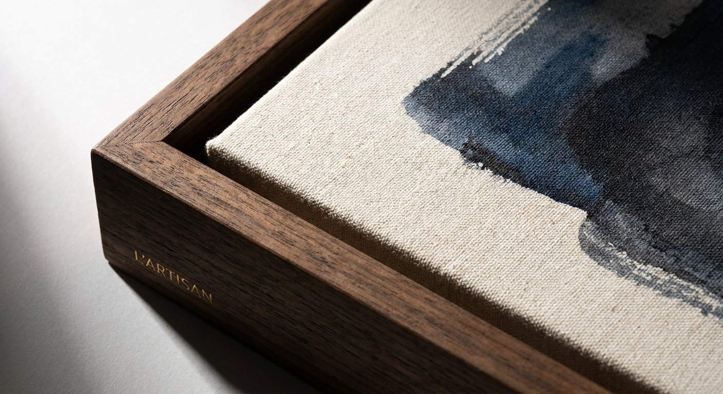 A detailed close-up of a Wolf Stack Framed Canvas, highlighting the rich canvas texture and wood grain essential for calming clinic wall decor.
