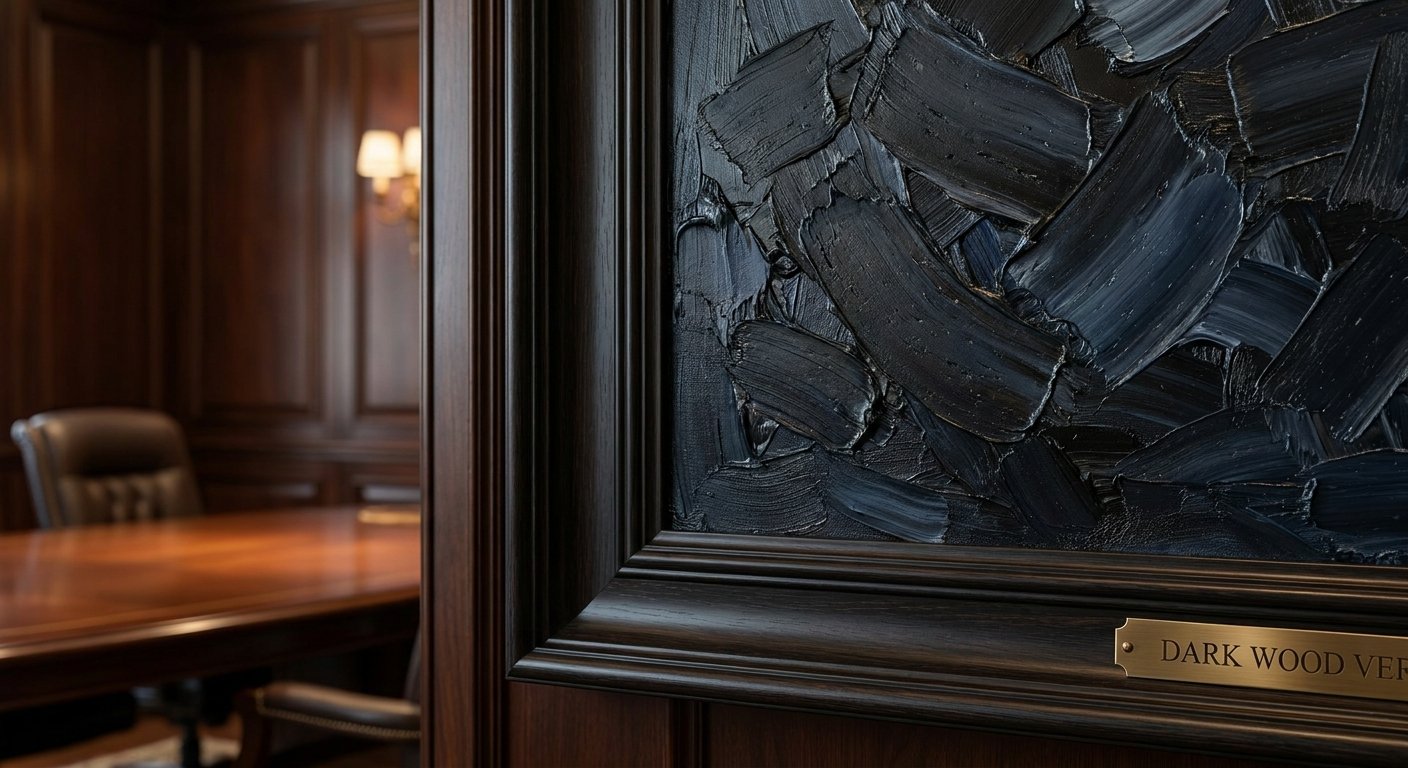 Detail shot of a dark canvas law firm artwork, showcasing the rich texture and premium dark wood frame, embodying a professional legal office design.