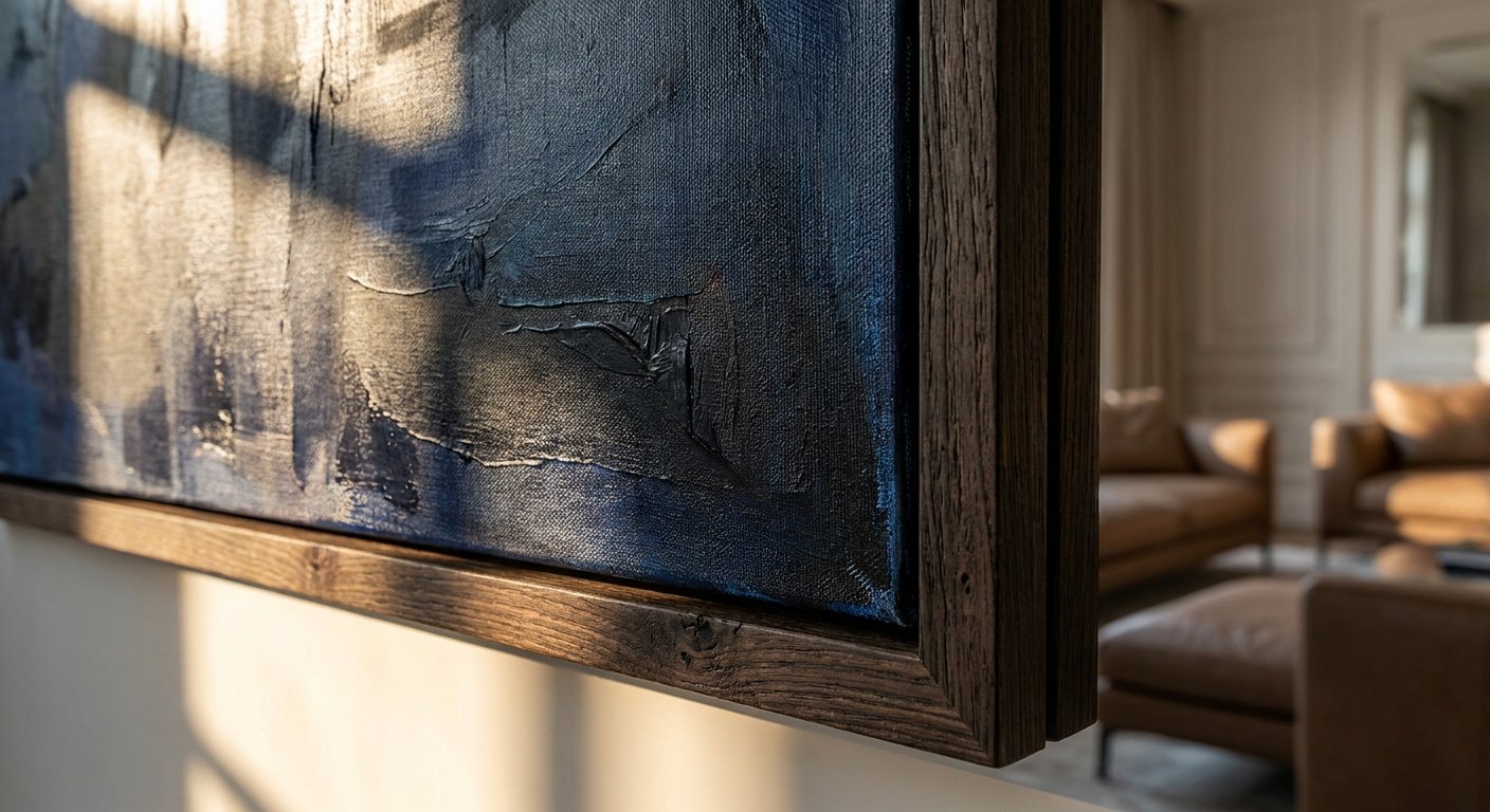 Close-up of a blue canvas print showcasing its museum-quality texture and rich ink, exemplifying high-end trust color art.