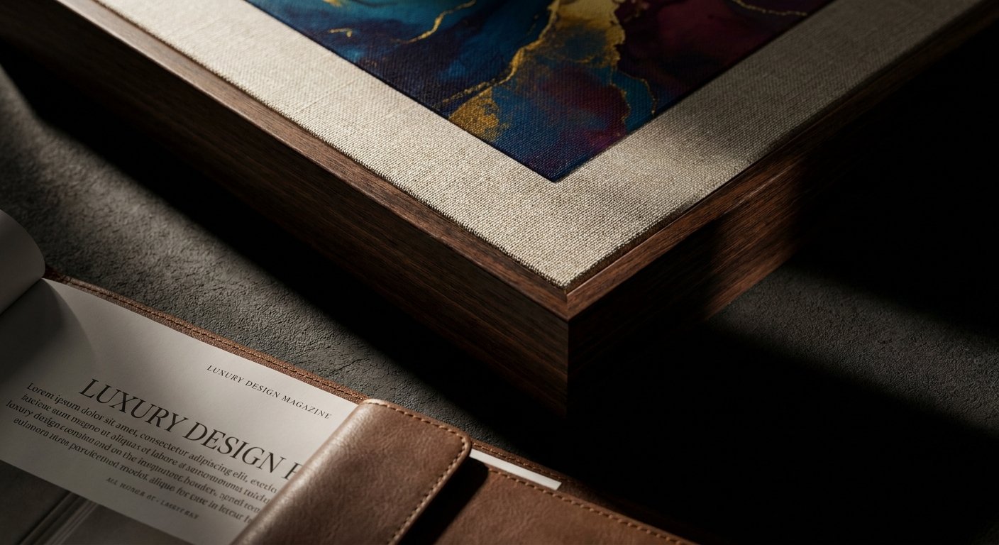 Close-up detail of a home staging canvas art piece, showing the premium texture and dark wood frame essential for luxury property staging.