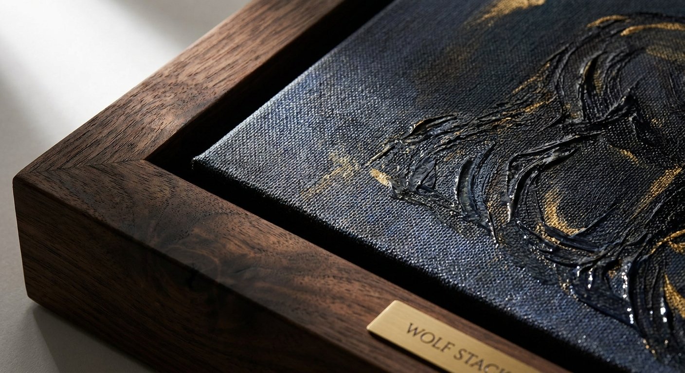 Close-up detail of a Wolf Stack Framed Canvas, showing the rich texture essential for office prestige art.