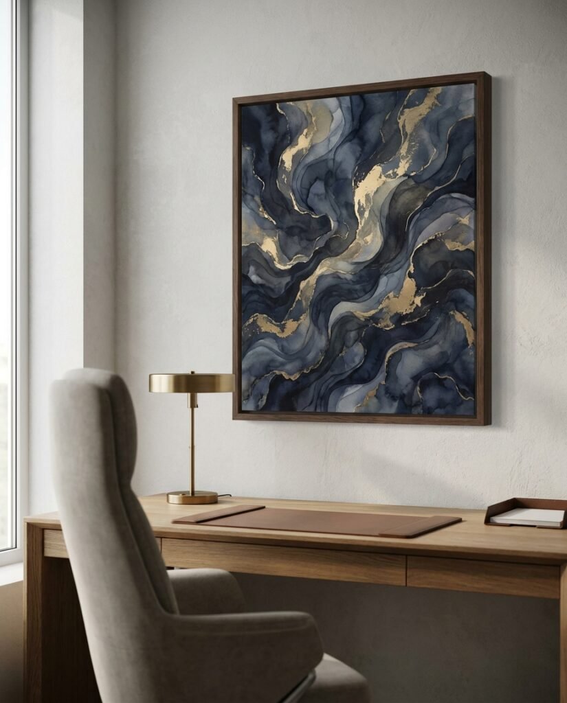 A sophisticated Framed Canvas with dark wood frame used as professional Zoom background art in a luxury home office, demonstrating high-end remote work decor.