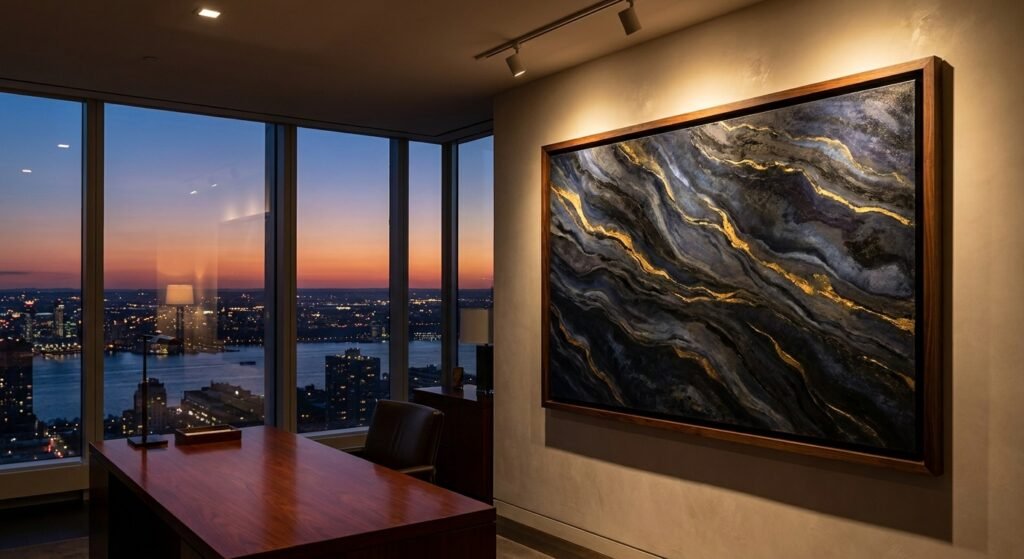 A large Framed Canvas with abstract art hangs in a luxury executive office, showcasing premium corporate art decor.