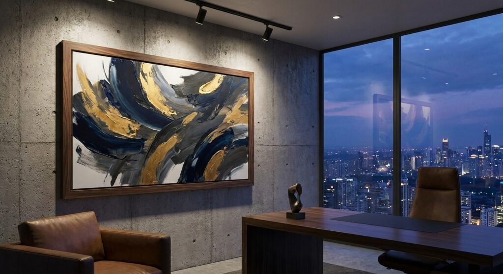 A stunning piece of abstract art in a minimalist office, demonstrating powerful neuroaesthetics office design.