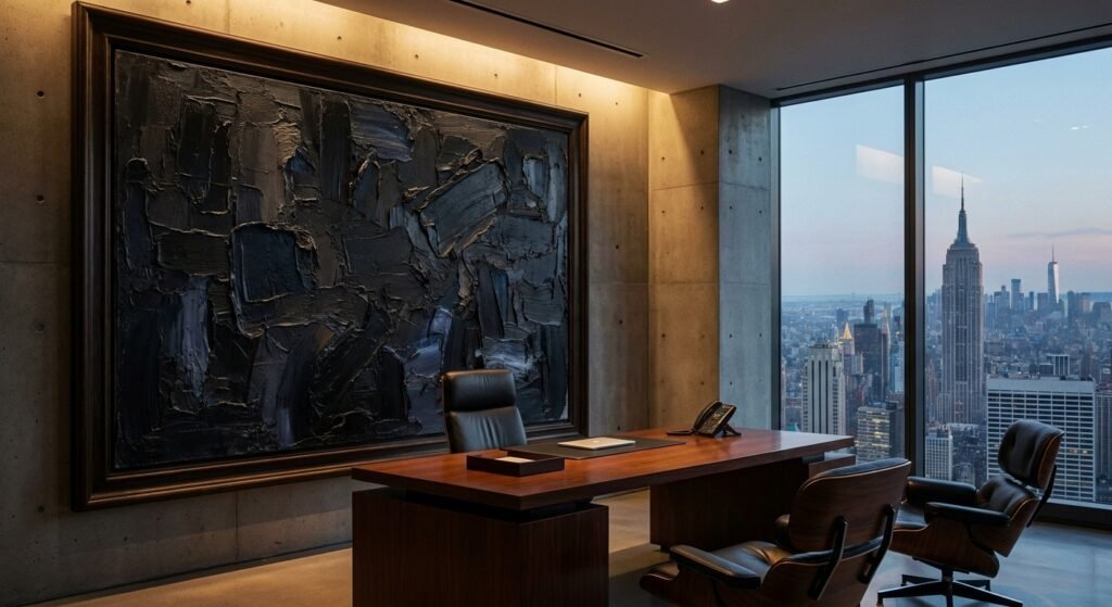A commanding piece of law office art decor, specifically a dark abstract canvas in a heavy wood frame, setting a powerful tone in a luxury attorney's office.