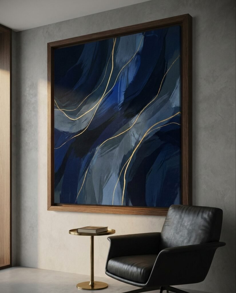Large blue wall art office canvas in a dark wood frame, demonstrating the use of color psychology in a minimalist financial office decor setting.