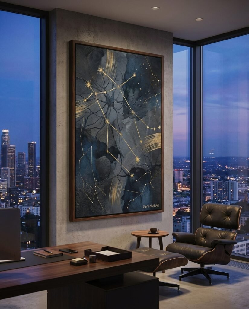 A large Framed Canvas with AI art demonstrating the premium art halo effect in a high end office design.