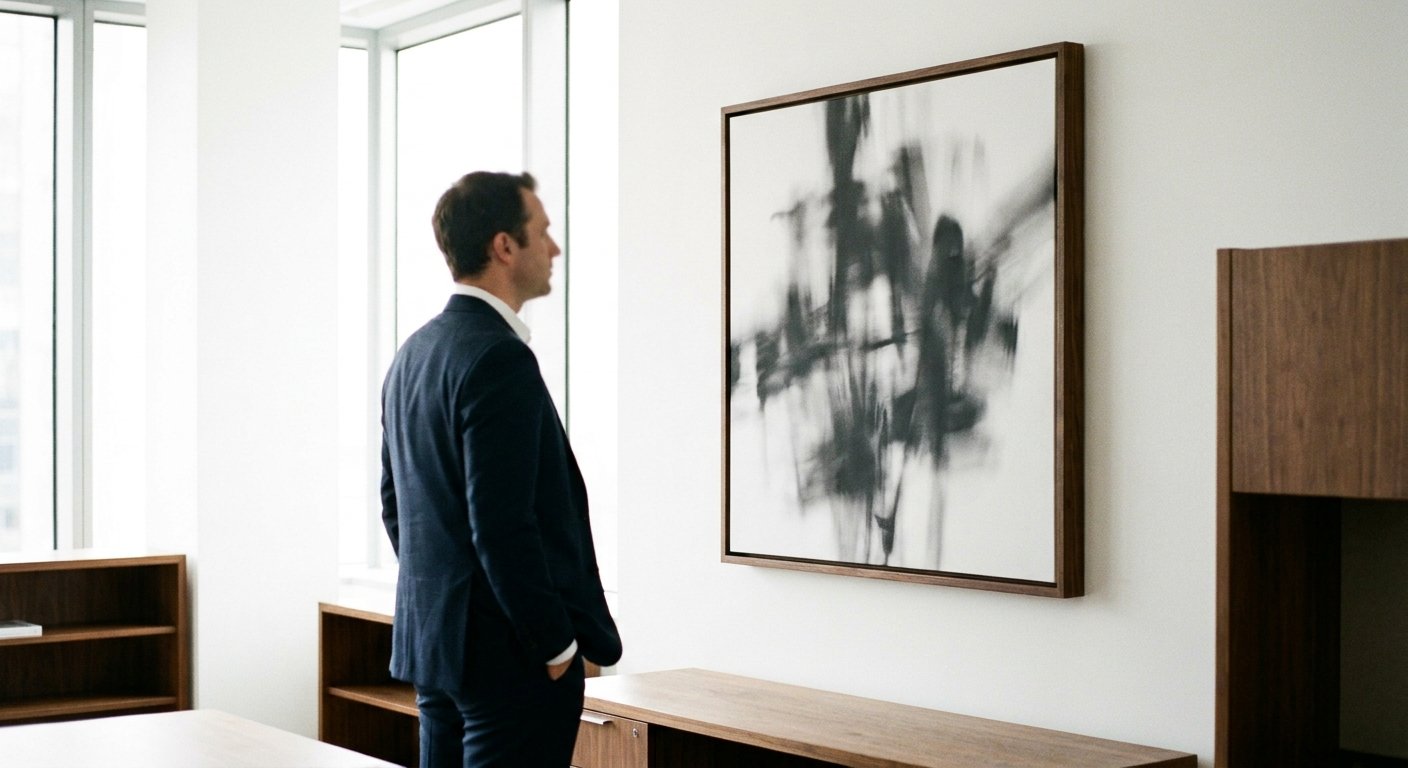 An executive contemplating a piece of luxury office art, demonstrating the impact of curated office wall decor.