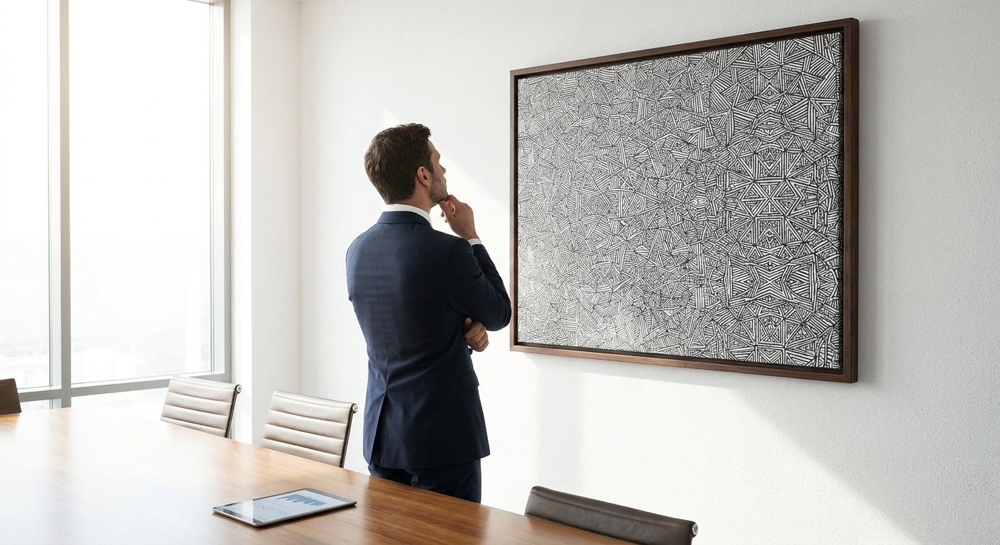 An executive considering a piece of client perception art in a modern business space.