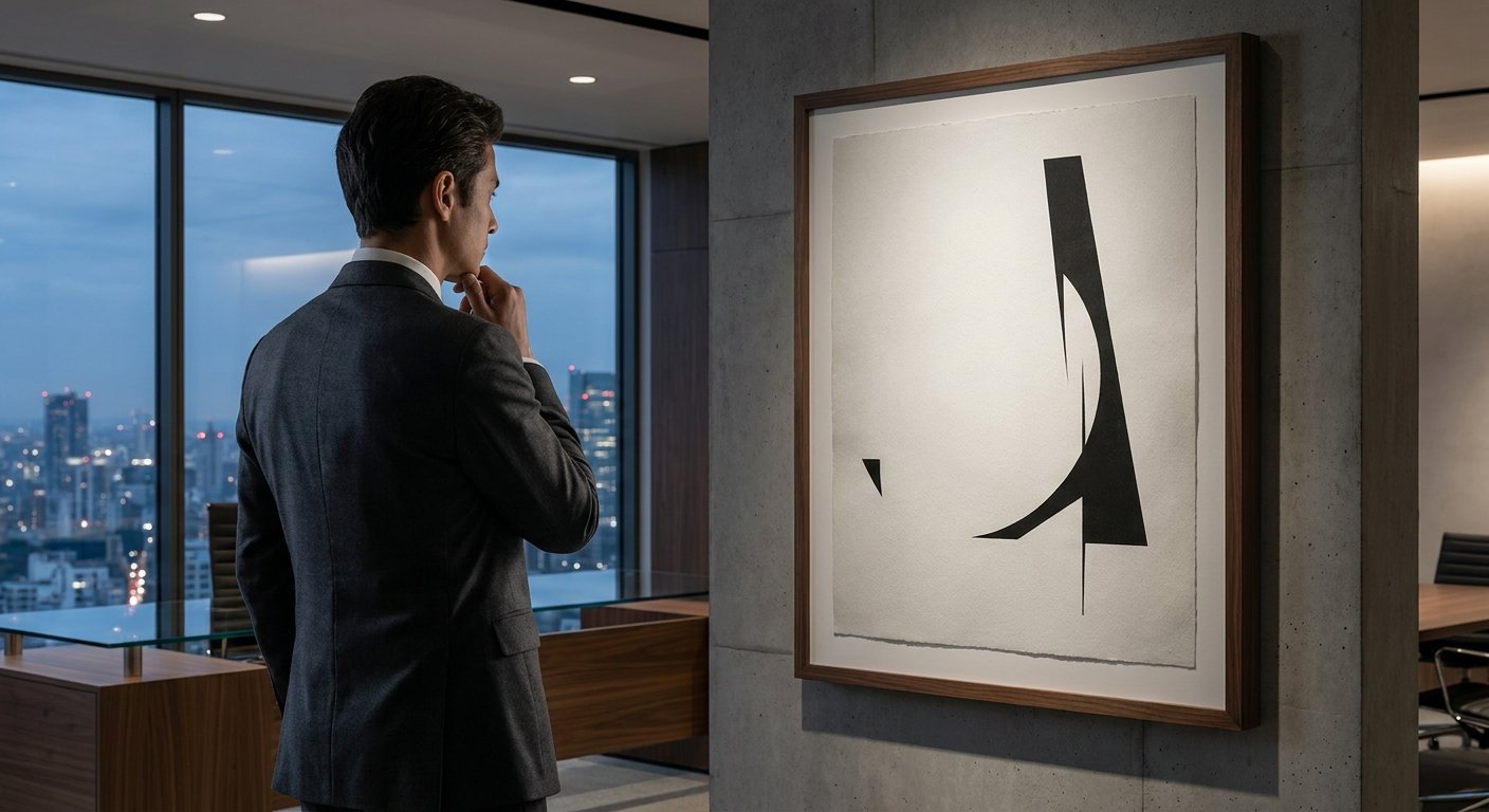 An executive contemplating a corner office canvas, an example of powerful minimalist art in a CEO's office.
