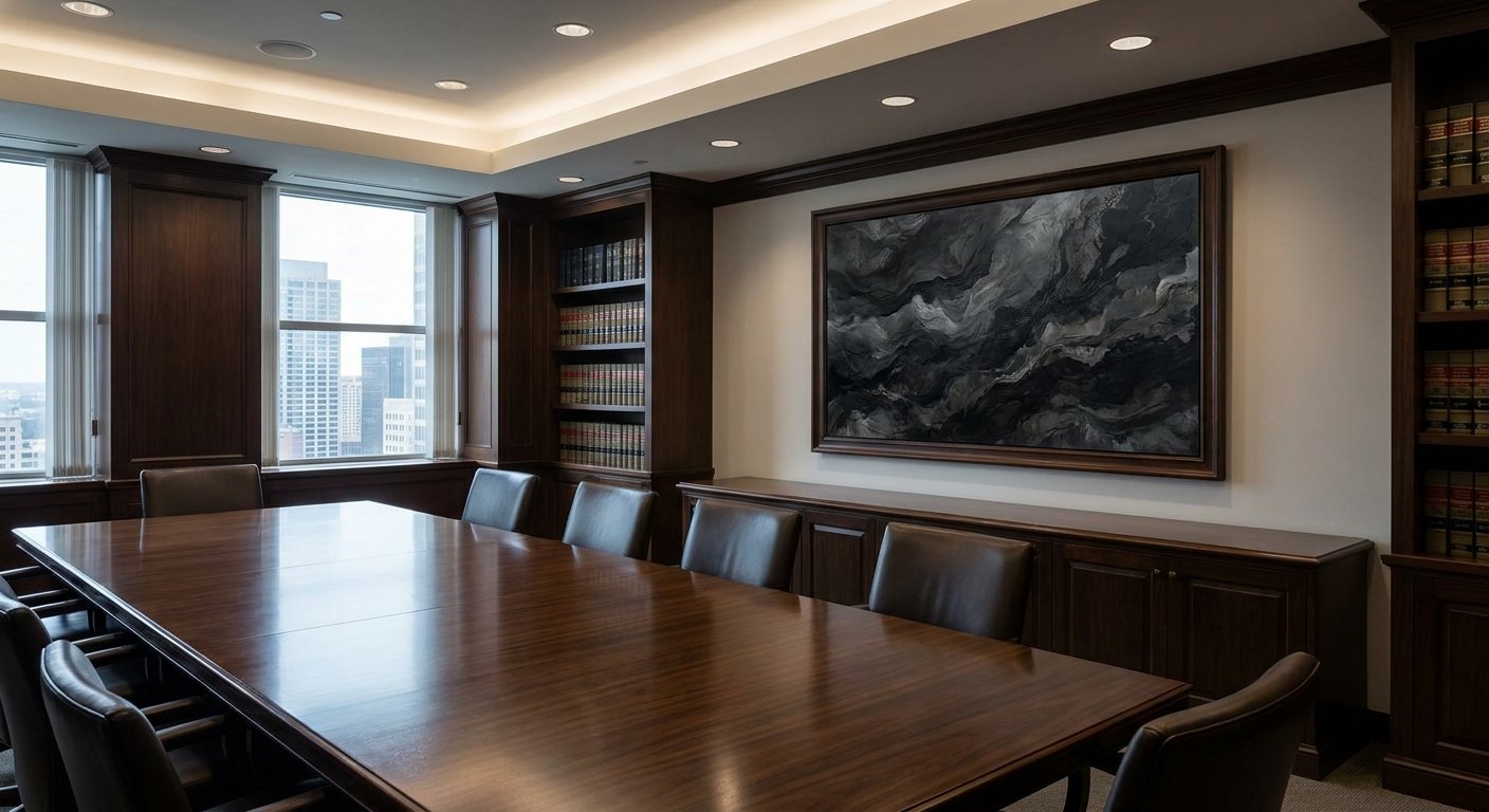 Strategic placement of attorney office wall art, a large dark framed canvas from Wolf Stack, serving as the focal point in a professional legal meeting room.