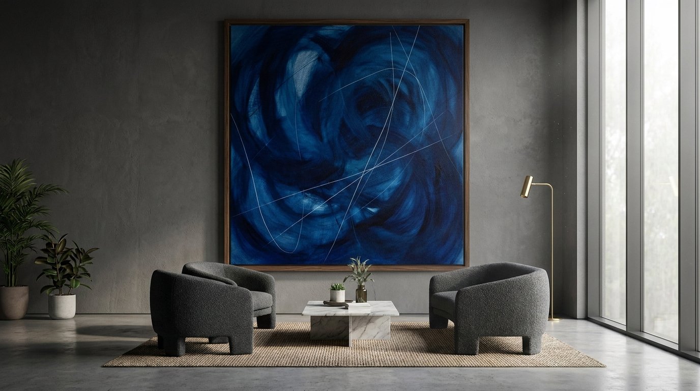 A sophisticated financial office decor featuring a large blue canvas print in a dark frame, creating an atmosphere of trust and stability for discerning clients.