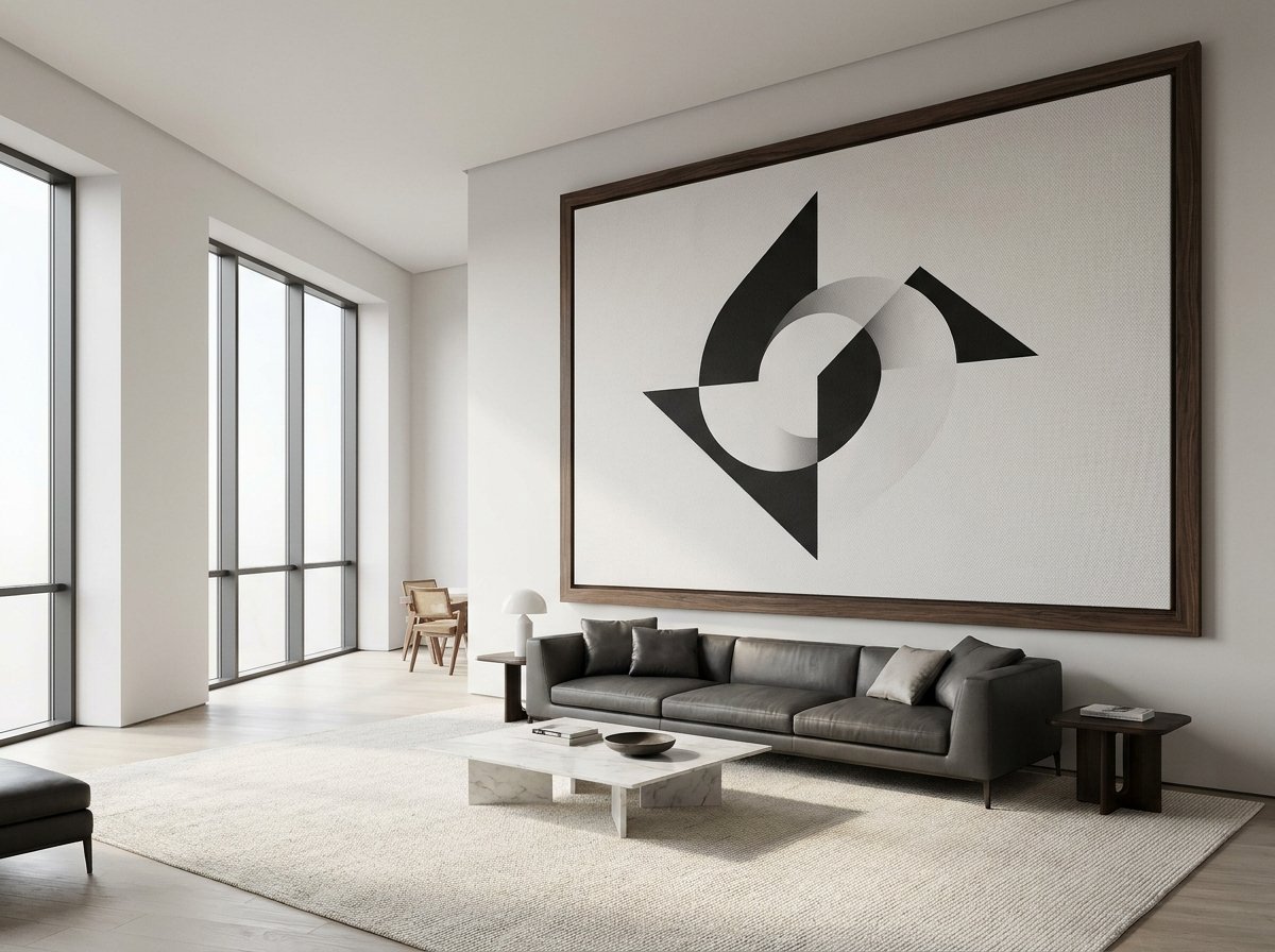 A stunning example of luxury property staging where a large Framed Canvas serves as the central piece of real estate staging art in a modern living room.