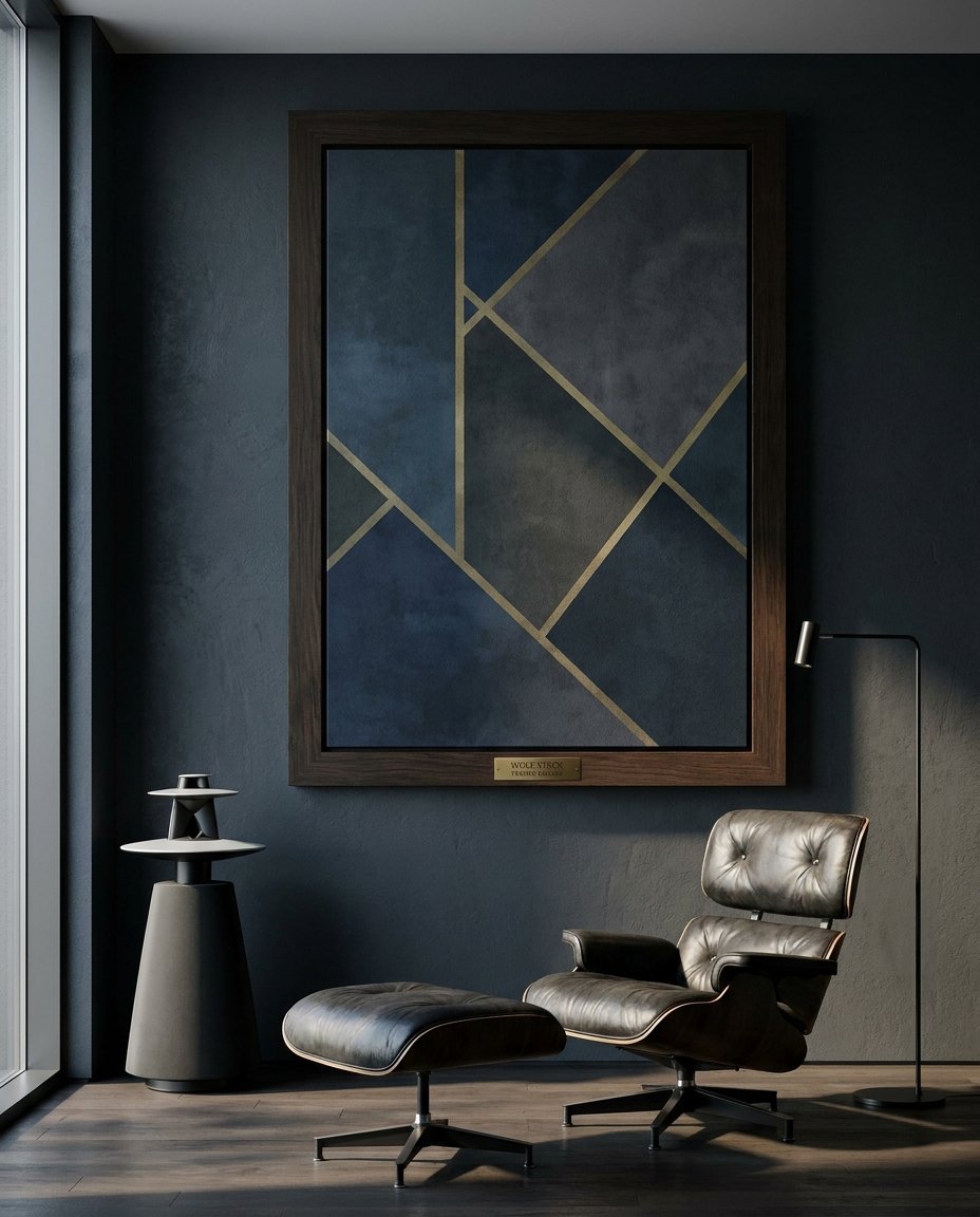 A monumental piece of home office wall art, a large Framed Canvas with abstract AI design, serving as a powerful and professional video call background in an executive setting.