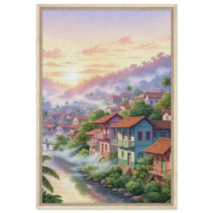 Macondo First Dawn Unique 1/1 Framed Canvas - Magical Realism AI Art Natural Wood Floating Framed Canvas Manifestation