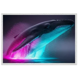 Neon Leviathan Whale Breach - Museum Edition 1/1 AI Art Obsidian White Frame Cyan and Magenta Splash