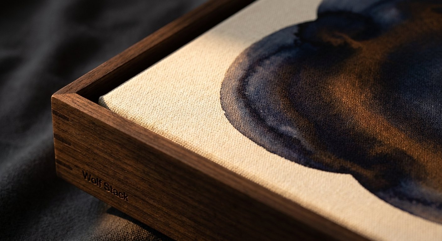 Detailed macro shot of a Framed Canvas, showcasing the rich texture and dark wood frame essential for professional services office art.