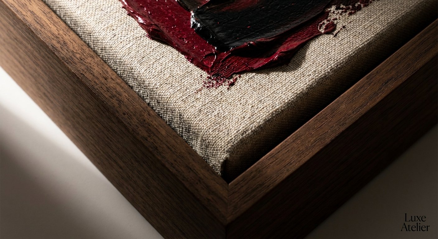 Close-up detail of a bold red wall art print, showing the rich texture of the canvas and the grain of the dark wood frame.