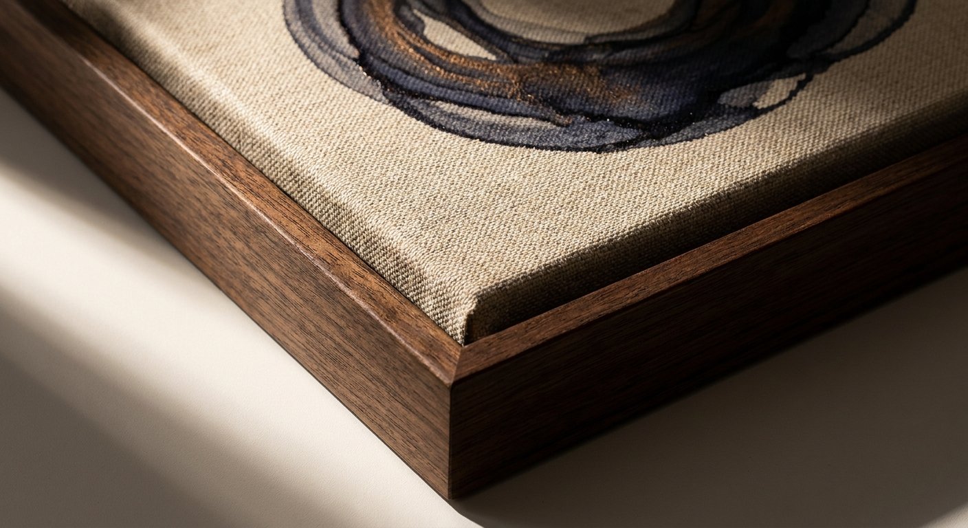 Close-up detail of a luxury Framed Canvas, showing the rich texture of the canvas and the grain of the dark wood frame, an example of high-end living room wall art.