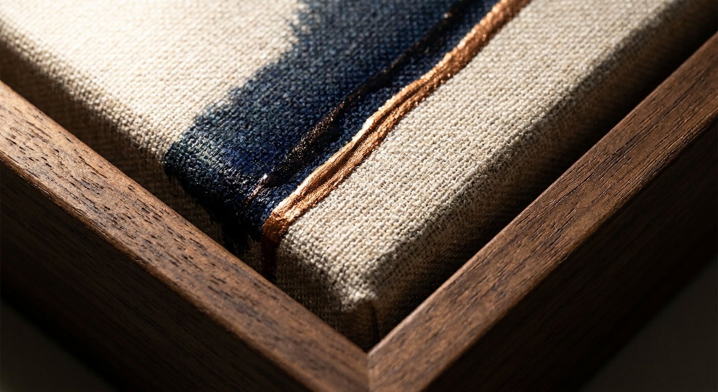 Close-up detail of a Framed Canvas, highlighting the science of luxury art through its rich texture and dark wood frame grain.