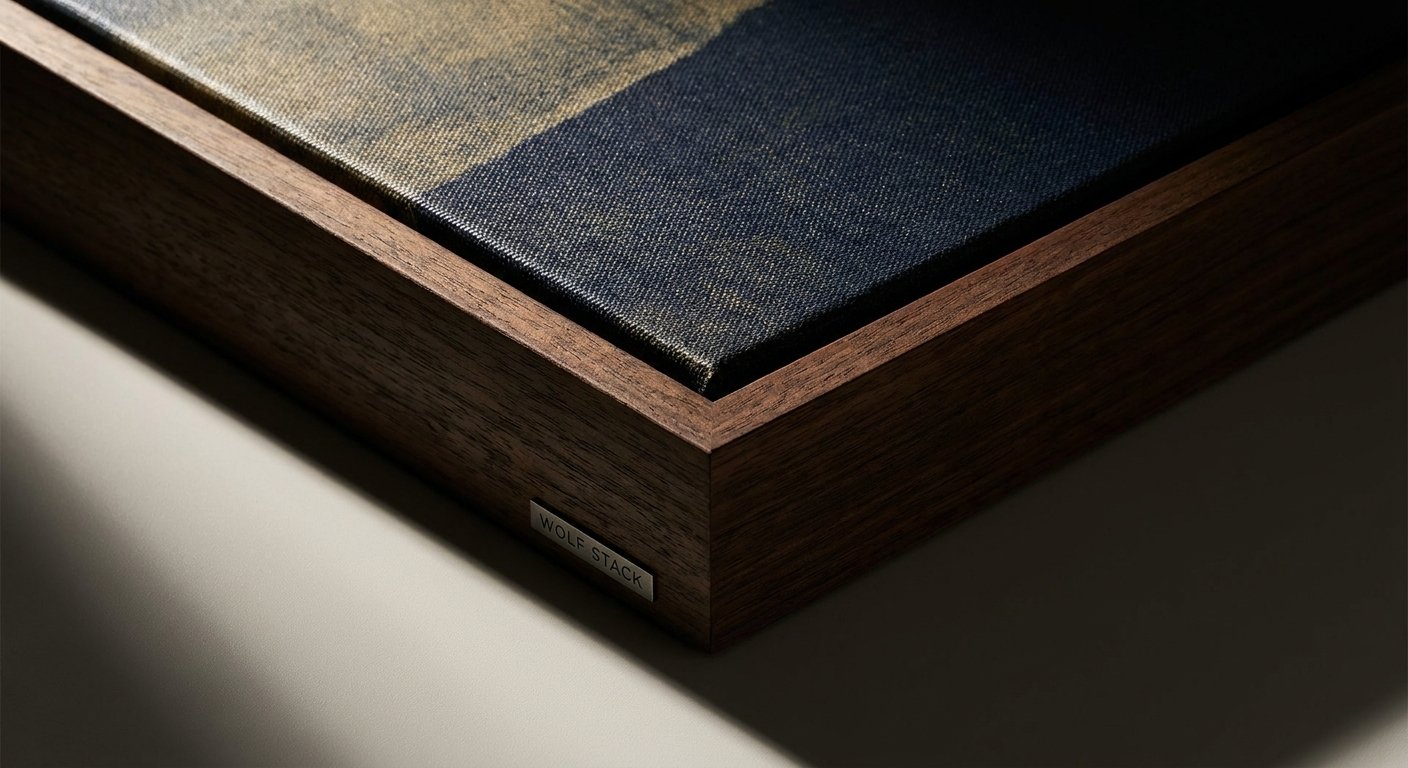 Close-up detail of a large canvas print, showing the rich texture of the canvas and the fine grain of its luxury dark wood frame.