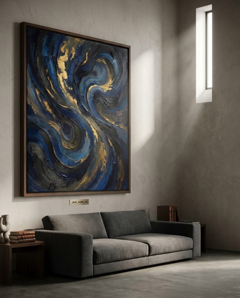 A large format Framed Canvas serves as a statement piece living room wall art in a luxury home, showcasing abstract AI-generated artwork.