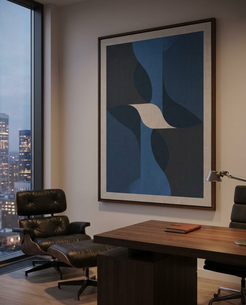 A large Framed Canvas from Wolf Stack Shop providing premium consulting space art in a modern executive office designed to reinforce value.