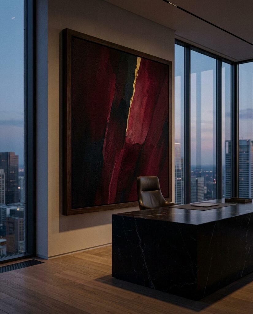 A large red canvas art office piece in a dark wood frame, demonstrating the power of color psychology red business in a luxury executive suite.