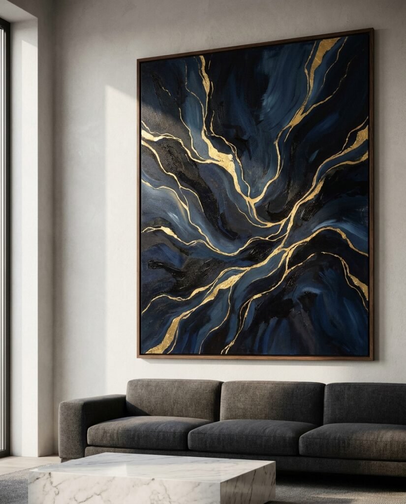 Large format canvas home art piece by Wolf Stack hanging in a luxury living room, serving as a powerful statement piece.