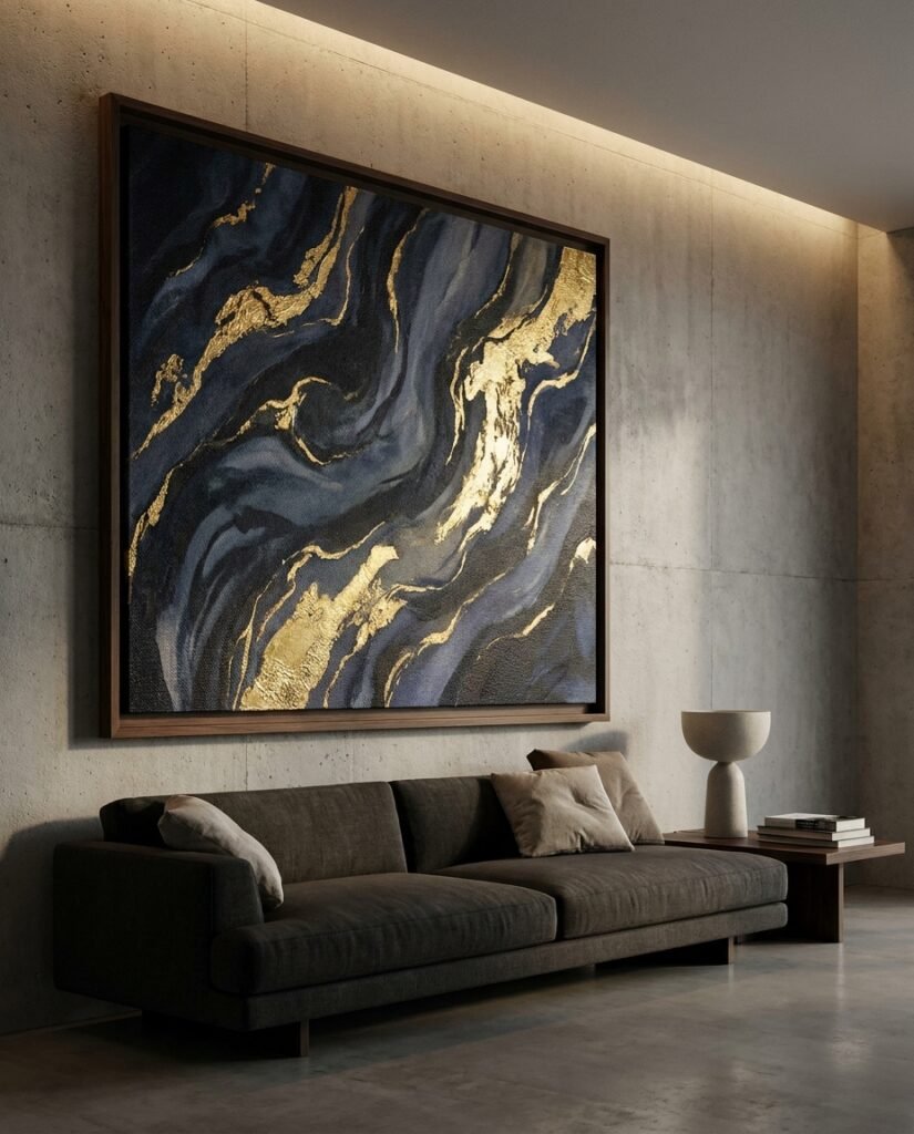 A large format canvas home art piece in a dark wood frame, serving as the central statement piece in a luxury living room.
