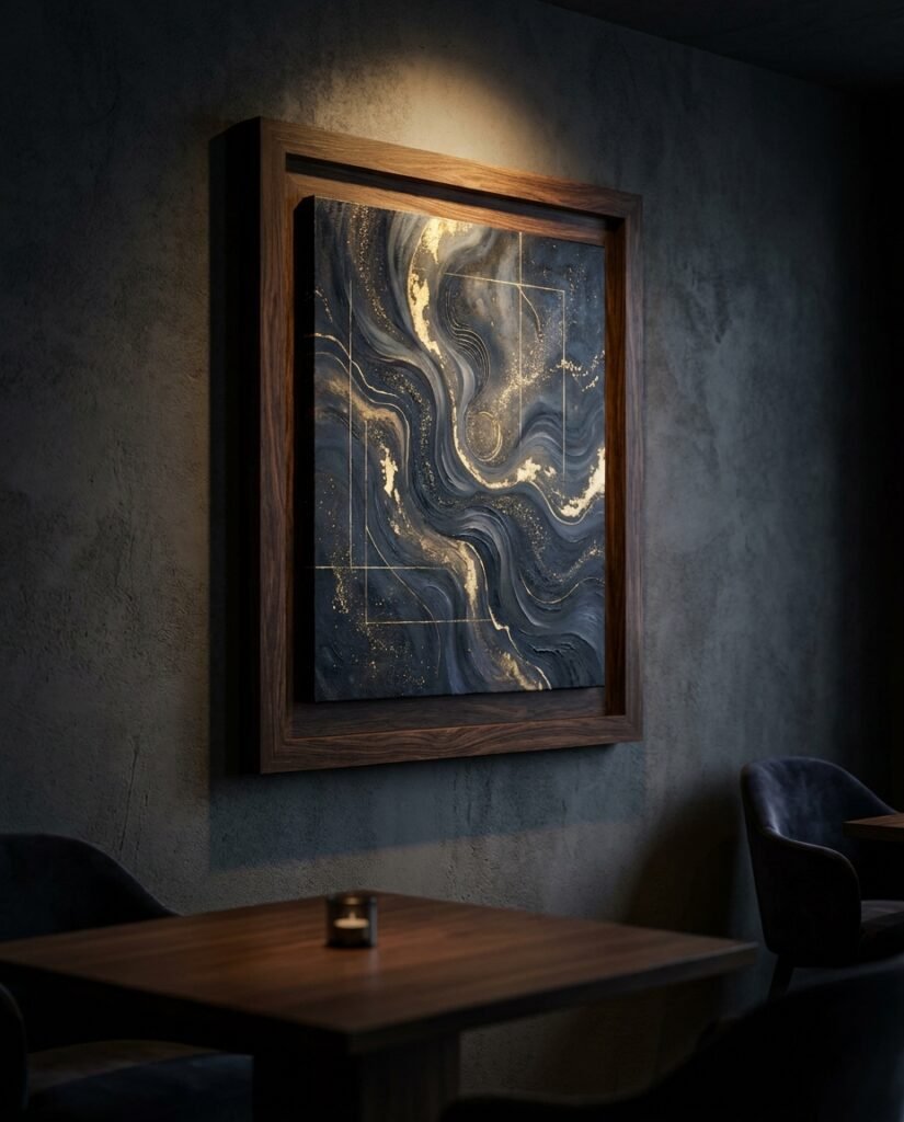 A large Framed Canvas from Wolf Stack displaying abstract AI art, a key element of Michelin star decor in a fine dining restaurant.