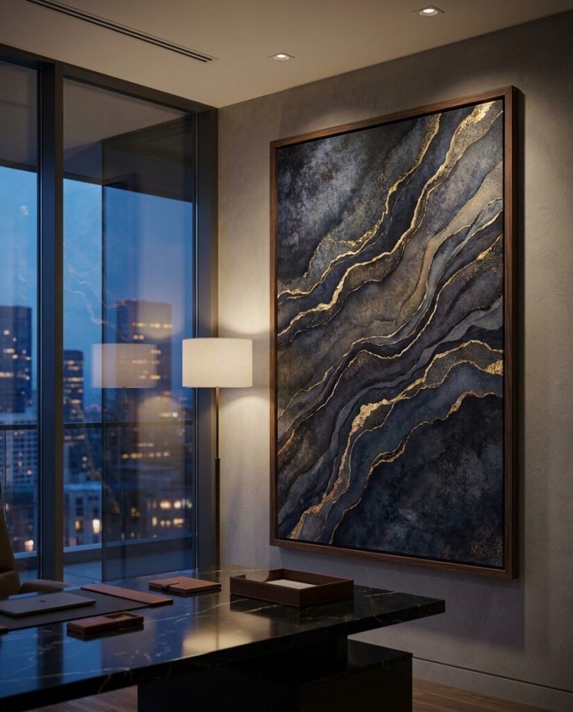A large Framed Canvas displaying abstract AI art, demonstrating luxury perception design in a modern CEO's office.