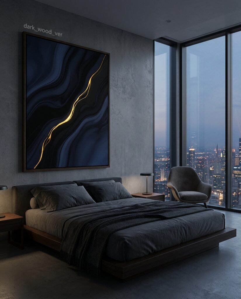 Bedroom wall art luxury featuring a large Framed Canvas with powerful abstract AI artwork in a minimalist executive suite.