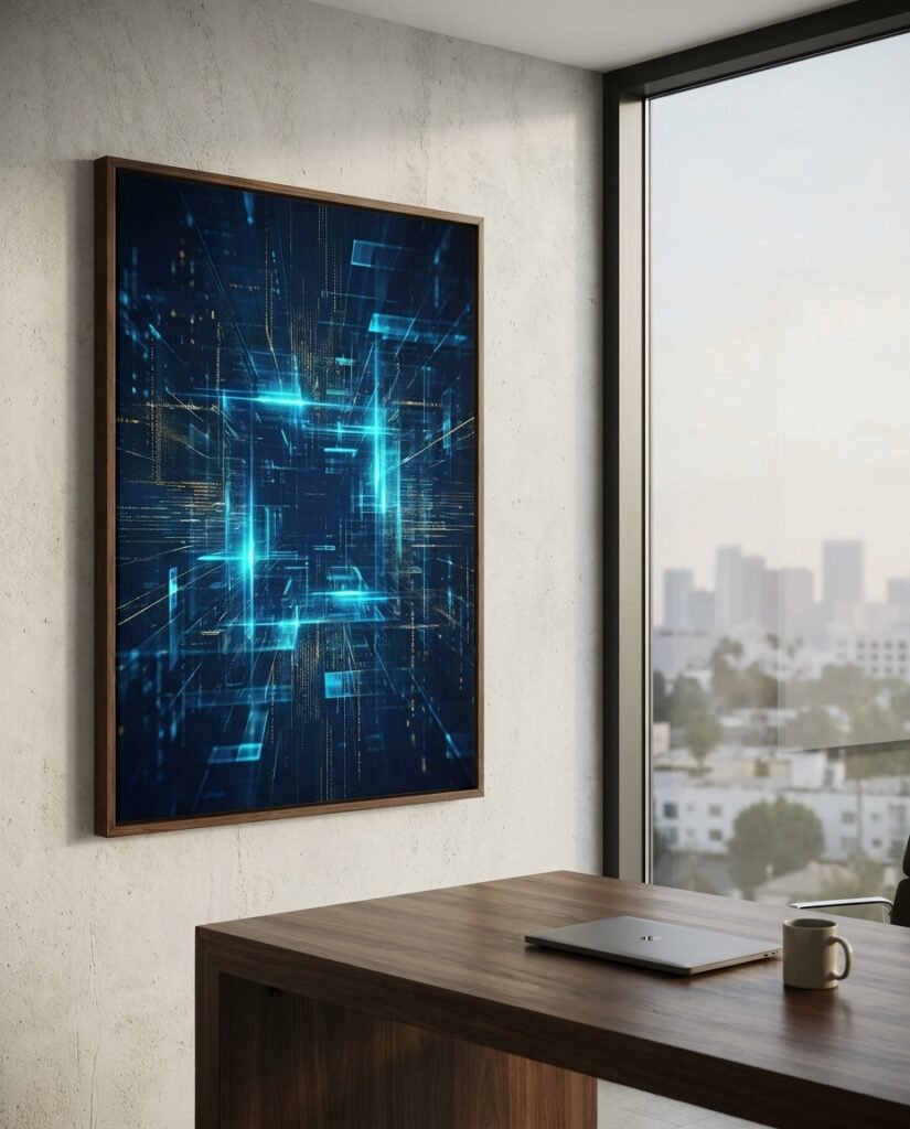 A large Framed Canvas displaying abstract AI art hangs in a minimalist Silicon Valley executive office, an example of premium startup office art.