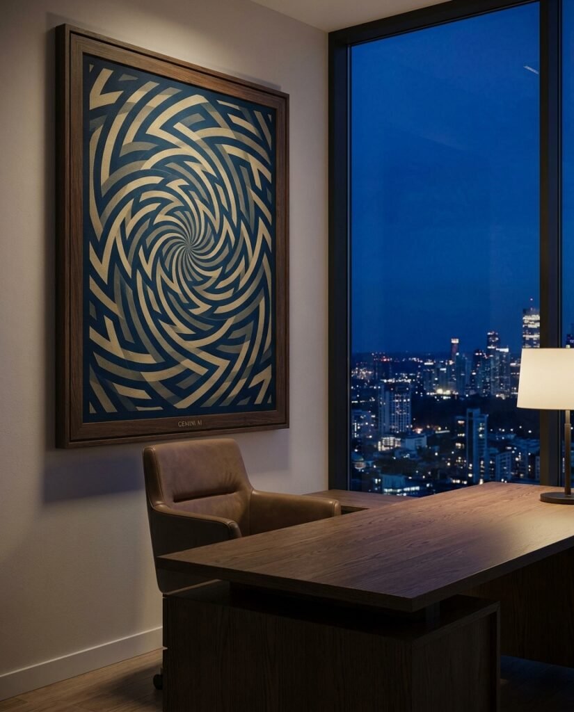 Large Framed Canvas displaying abstract visual patterns for creativity, hanging in a luxury executive office to inspire focus.
