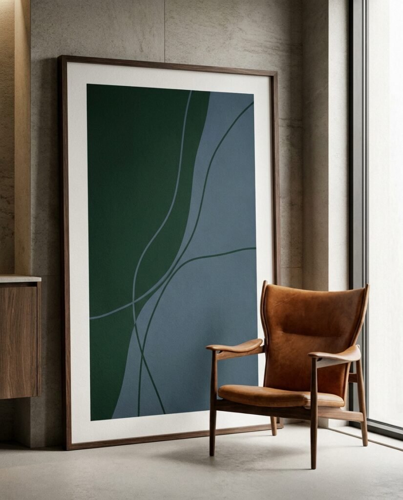 Large Museum-Quality Matte waiting room art in a dark wood frame, featuring calming abstract AI-generated patterns to reduce client anxiety.