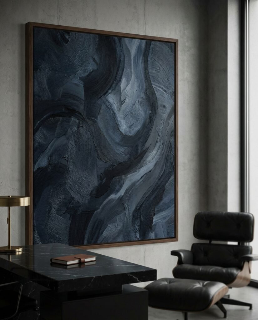 A massive large format canvas art piece in a dark wood frame, displaying abstract AI art, commands the wall of a luxury executive office.