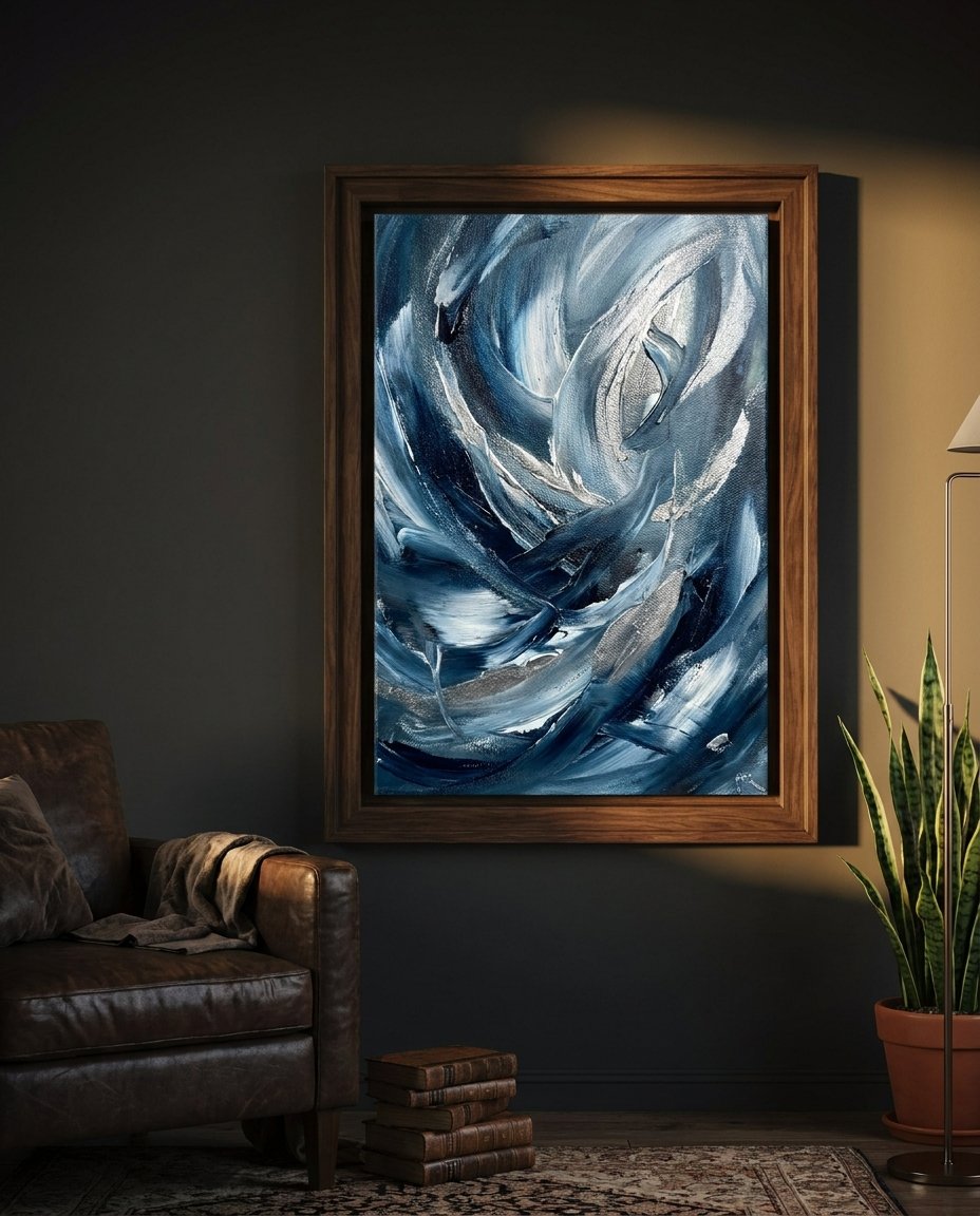 A stunning statement piece living room with a Framed Canvas from Wolf Stack Shop, demonstrating the impact of large format wall art in luxury home decor.