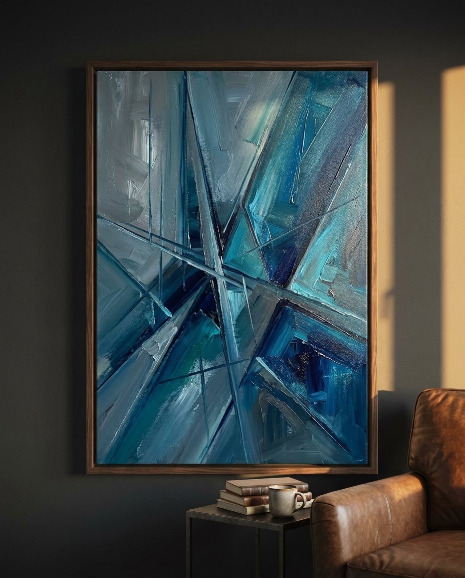 An executive consulting office decor scheme anchored by a Wolf Stack AI artwork in a dark wood frame, strategically chosen to reinforce a premium hourly rate.