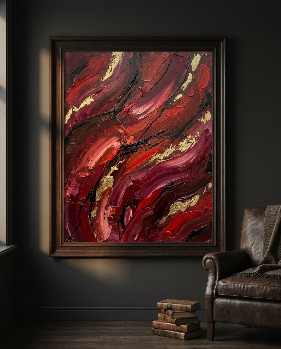 An executive boardroom featuring energy color office decor, with a dominant red abstract Framed Canvas from Wolf Stack Shop as the focal point.