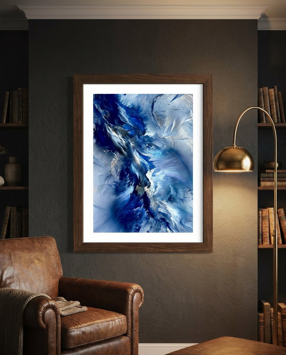An oversized statement piece living room canvas, demonstrating how luxury home decor art can anchor an entire architectural space with authority.