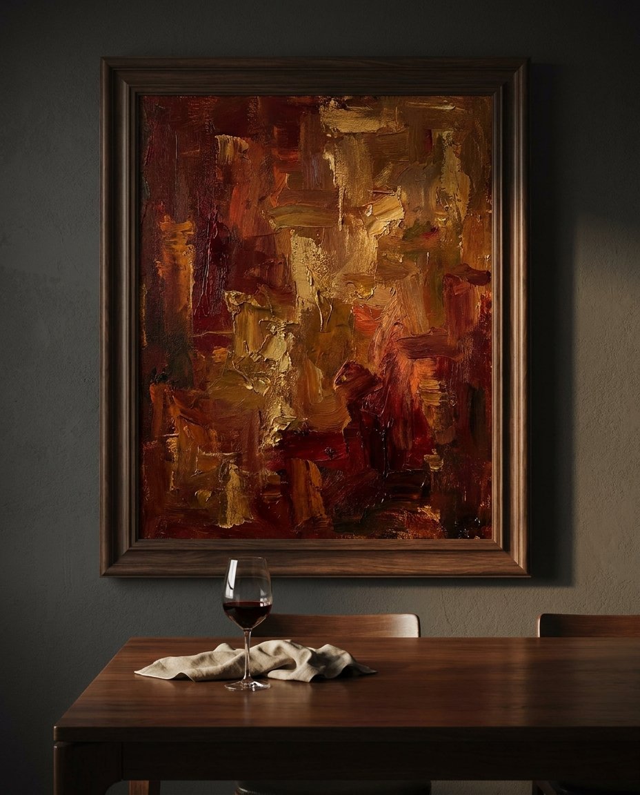 An example of fine dining interior design featuring a statement piece of restaurant wall art from Wolf Stack in a luxurious, private setting.