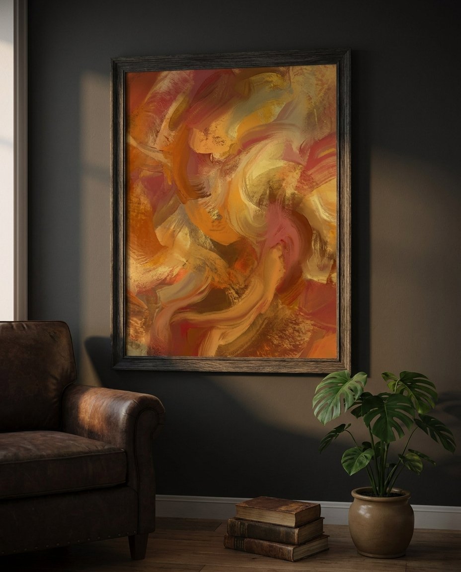 High-end visual design in a luxury residential entryway, featuring a prominent AI artwork on Framed Canvas as the focal point.