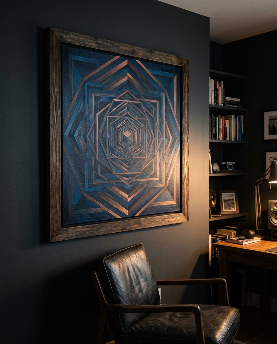 A minimalist office designed for focus, featuring a statement piece of art for focus and creativity mounted on the main wall.