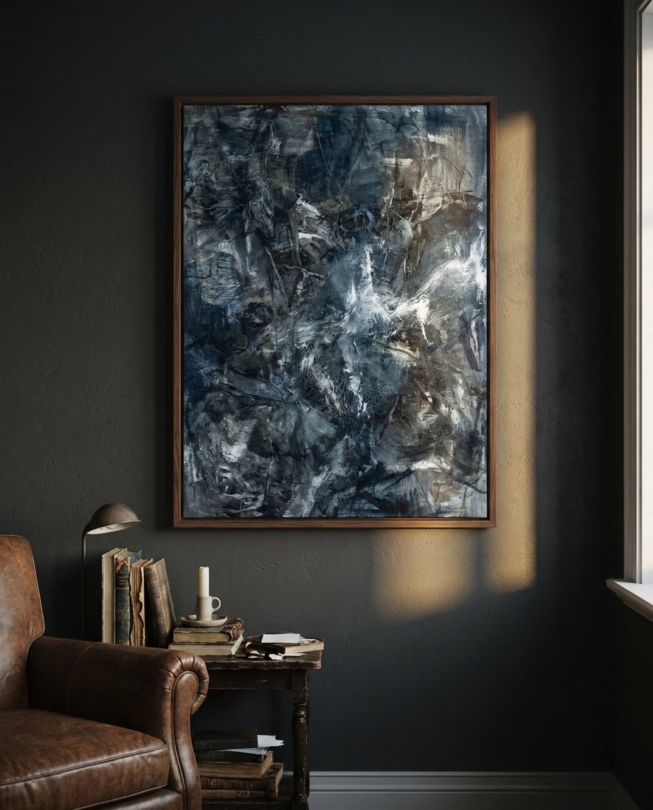 An oversized wall art canvas in a minimalist luxury living room, serving as the sole statement piece on a large concrete wall.