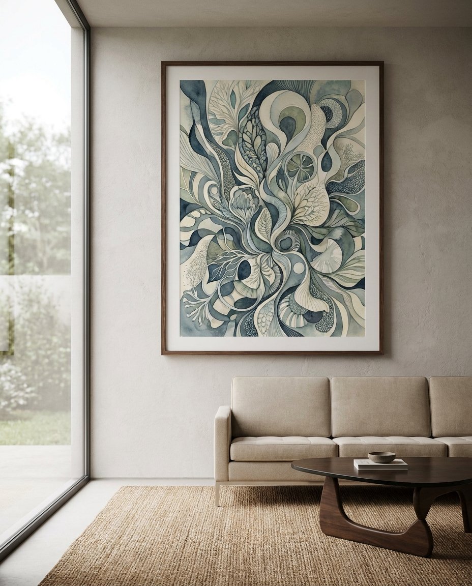 A sophisticated waiting area decor featuring a monumental piece of calming wall art from Wolf Stack, designed to reduce client anxiety in a professional setting.