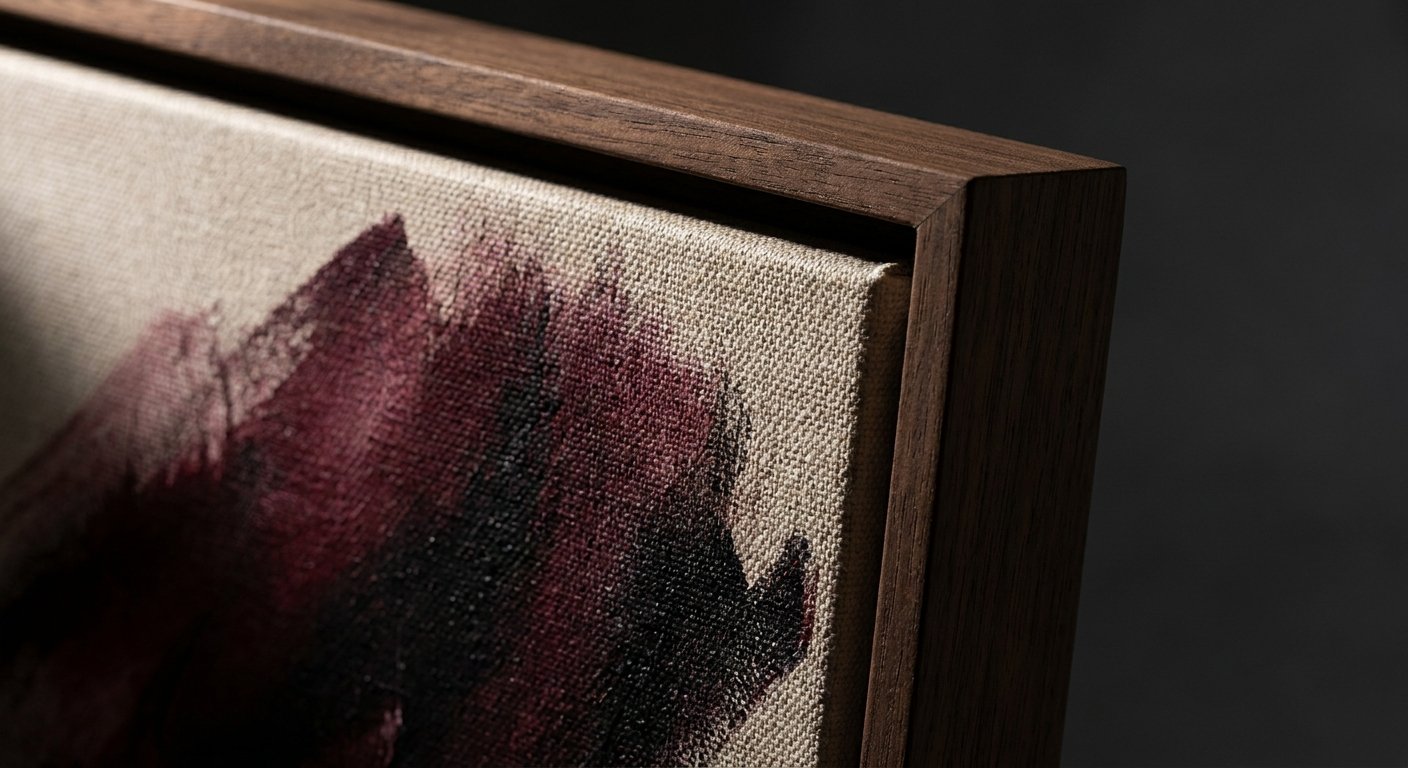 Close-up detail of a boutique wall art canvas, highlighting the rich texture and dark wood frame essential for curated luxury store design.