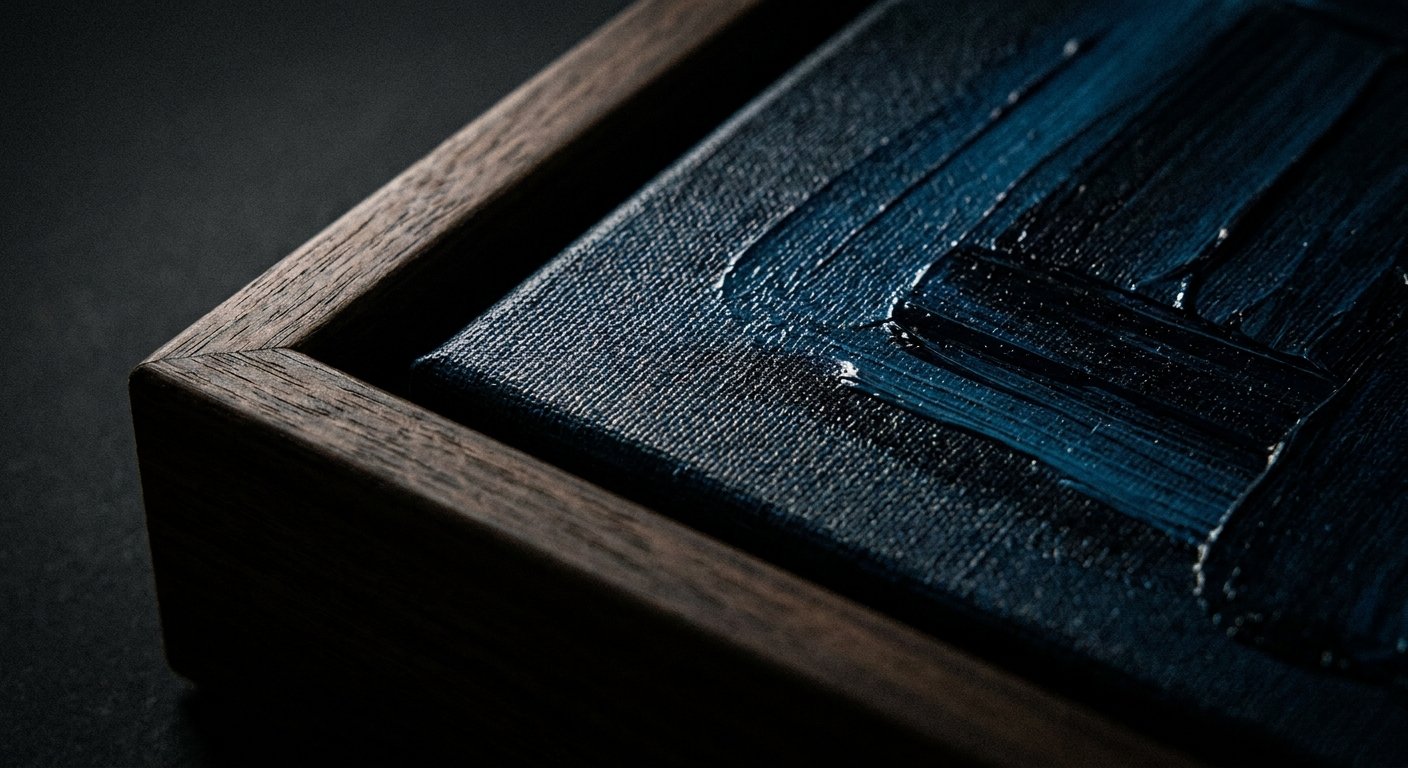 Close-up detail of a Framed Canvas, highlighting the rich canvas texture and dark wood frame essential for leadership office decor.