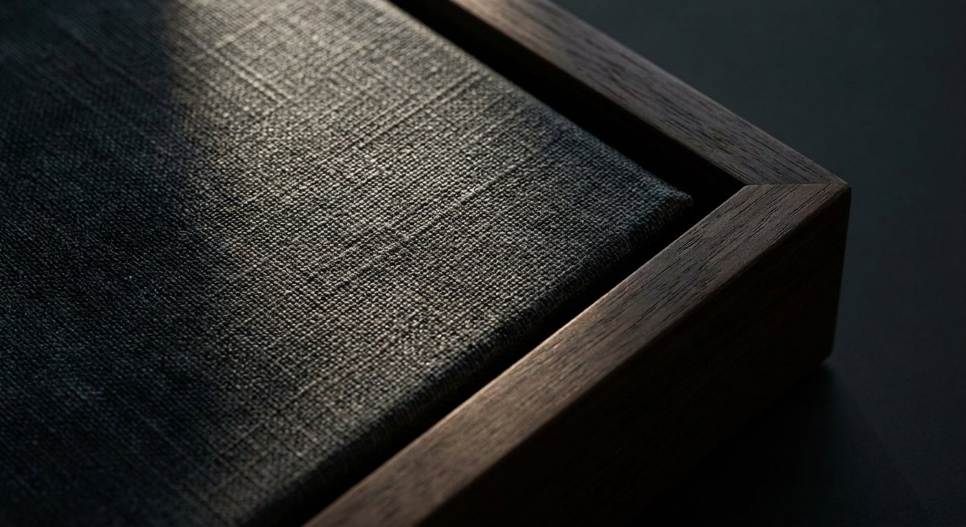 Close-up detail of a Framed Canvas, highlighting the rich texture and deep ink of executive home workspace art.