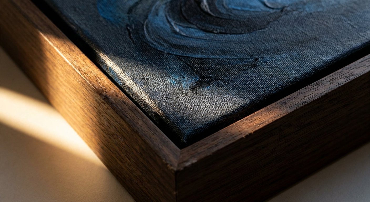 Close-up detail of a Framed Canvas, showing the rich texture and deep colors of focus art for an office.